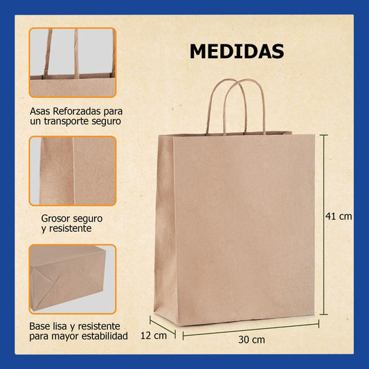 Bolsas De Papel Kraft 30x12x41 Con Manilla (100 unidades)