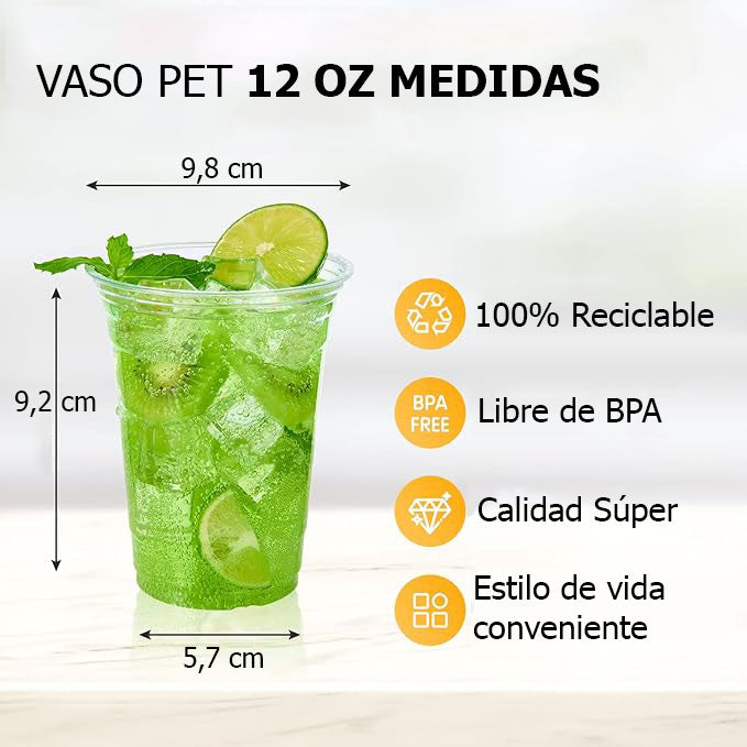 Vasos Plásticos Pet Con Tapa 355cc/12oz (50 unidades)