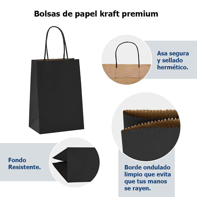 Bolsas de papel kraft con manilla | 22x25 | negro | 100 unidades
