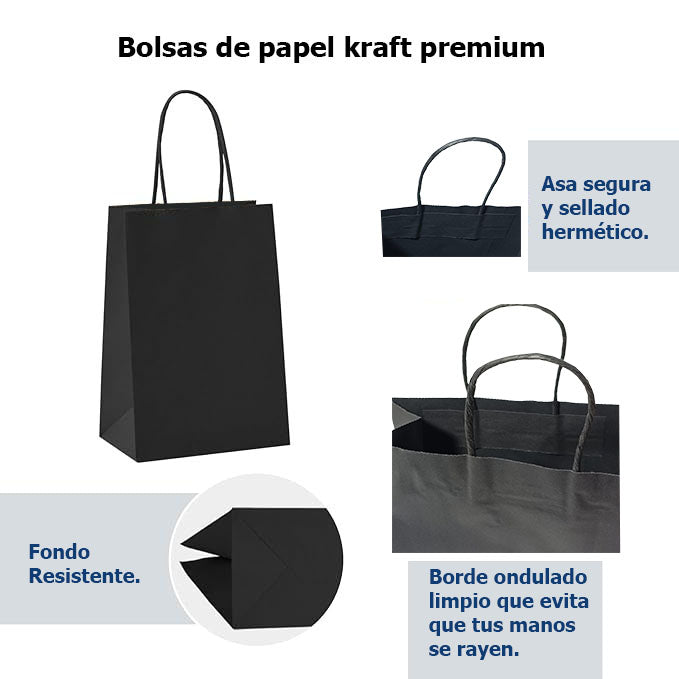 Bolsas de papel kraft con manillas | 16x21 | negro | 100 unidades