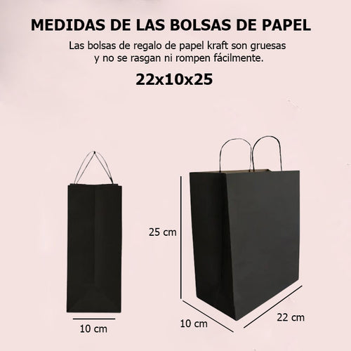 Bolsas de papel kraft con manilla | 22x25 | negro | 100 unidades