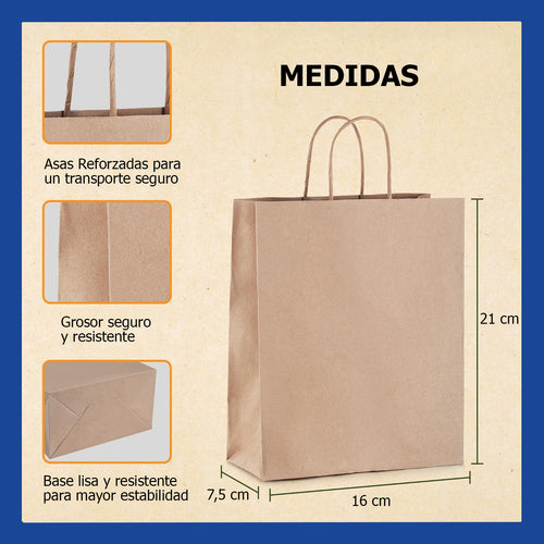 Bolsas de papel kraft con manillas | 16x21 | 100 unidades