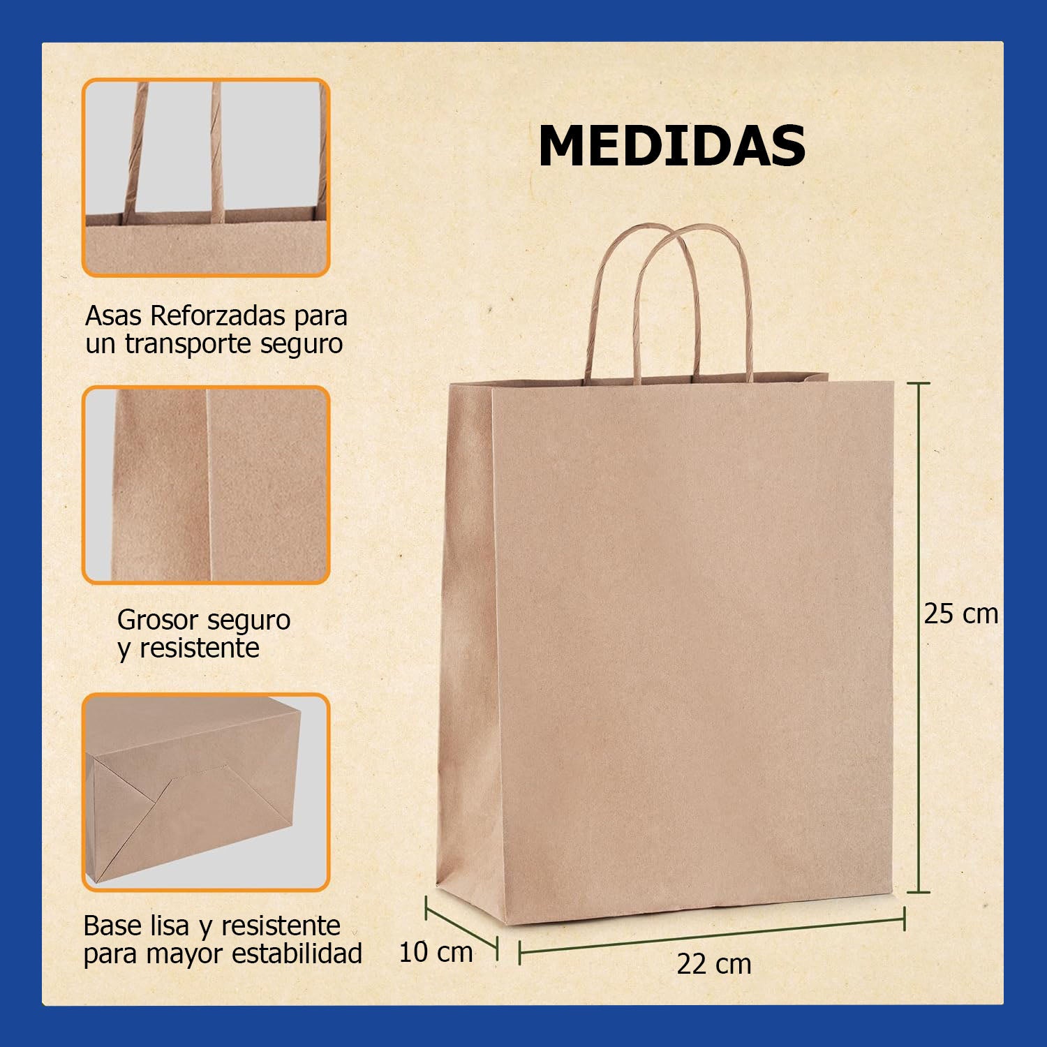 Bolsas de papel kraft con manilla | 22x25 | 100 unidades