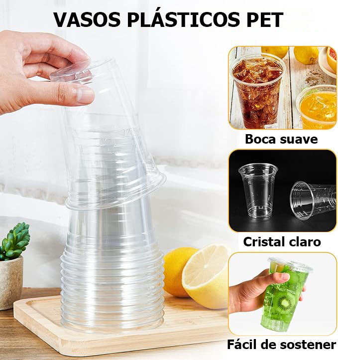 Vasos plásticos Pet con tapa | 355cc/12oz | 50 unidades