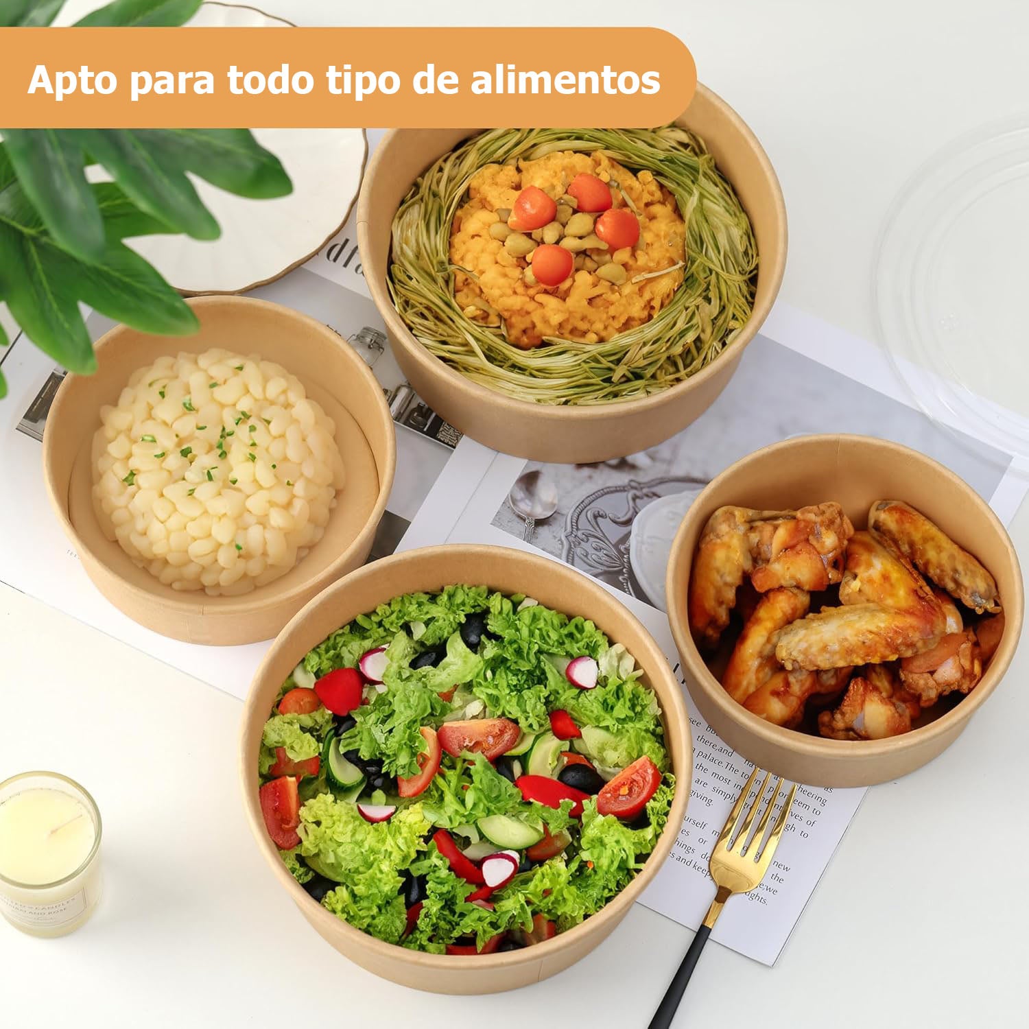 Envase bowl kraft con tapa Pet | 1000ml | 100 unidades