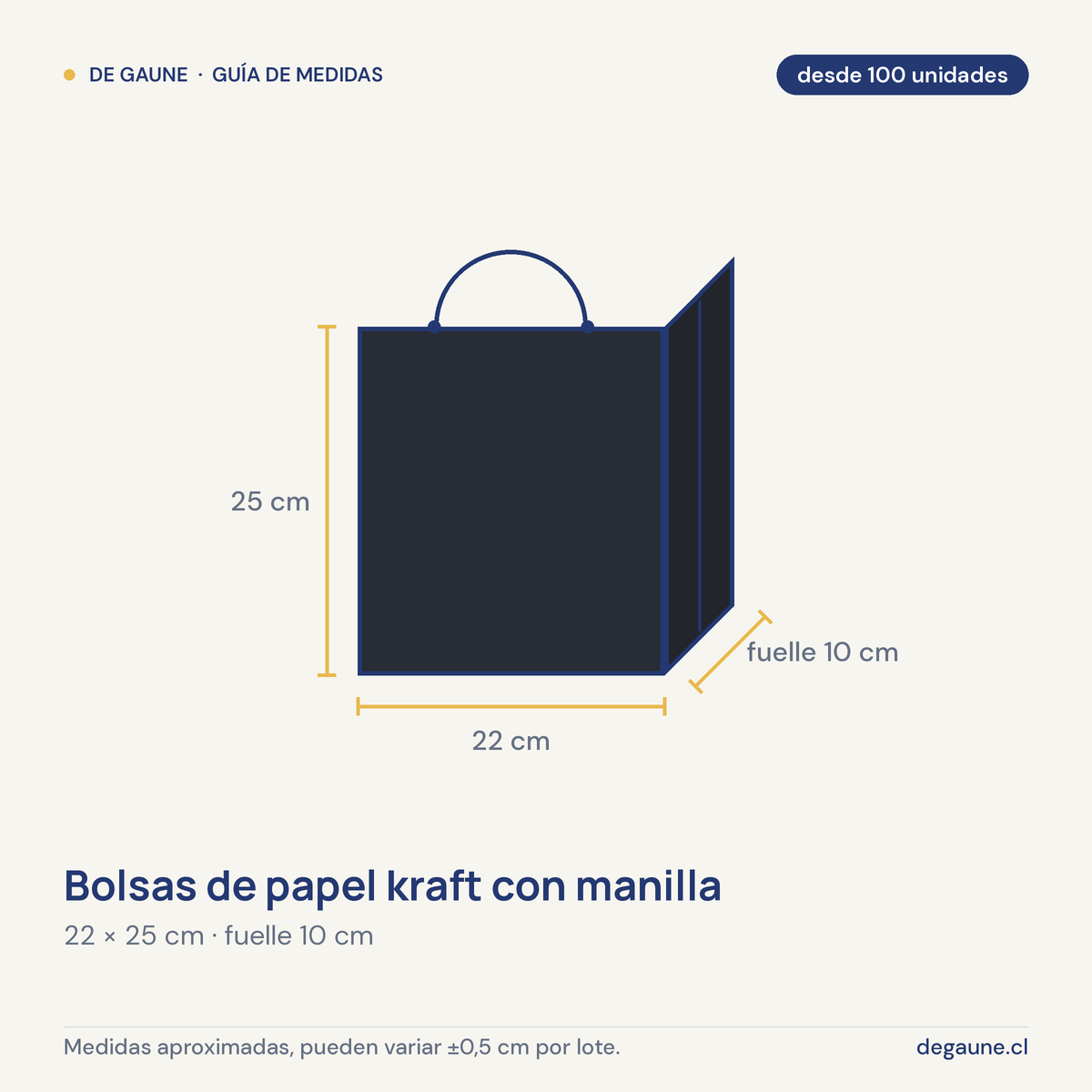 Guía de medidas: Bolsas de papel kraft con manilla | 22x25 | negro | 100 unidades