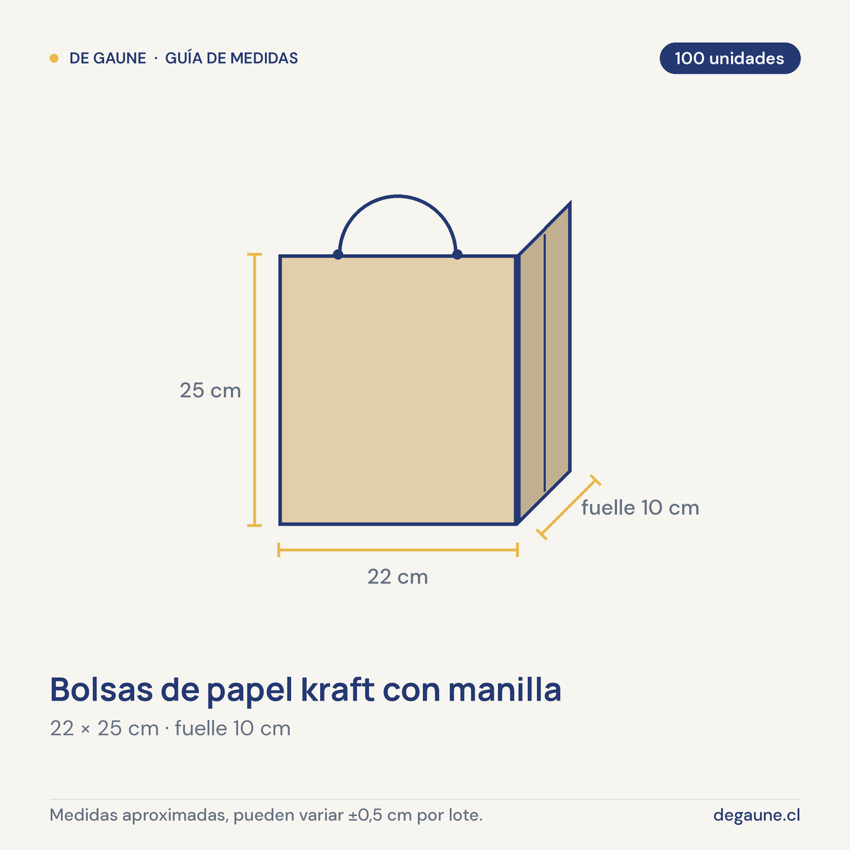 Guía de medidas: Bolsas de papel kraft con manilla | 22x25 | 100 unidades