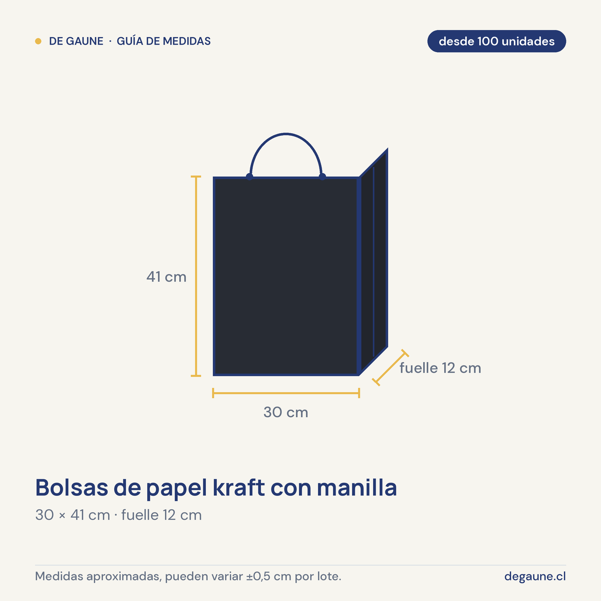 Guía de medidas: Bolsas de papel kraft con manilla | 30x12x41 | negro | 100 Unidades
