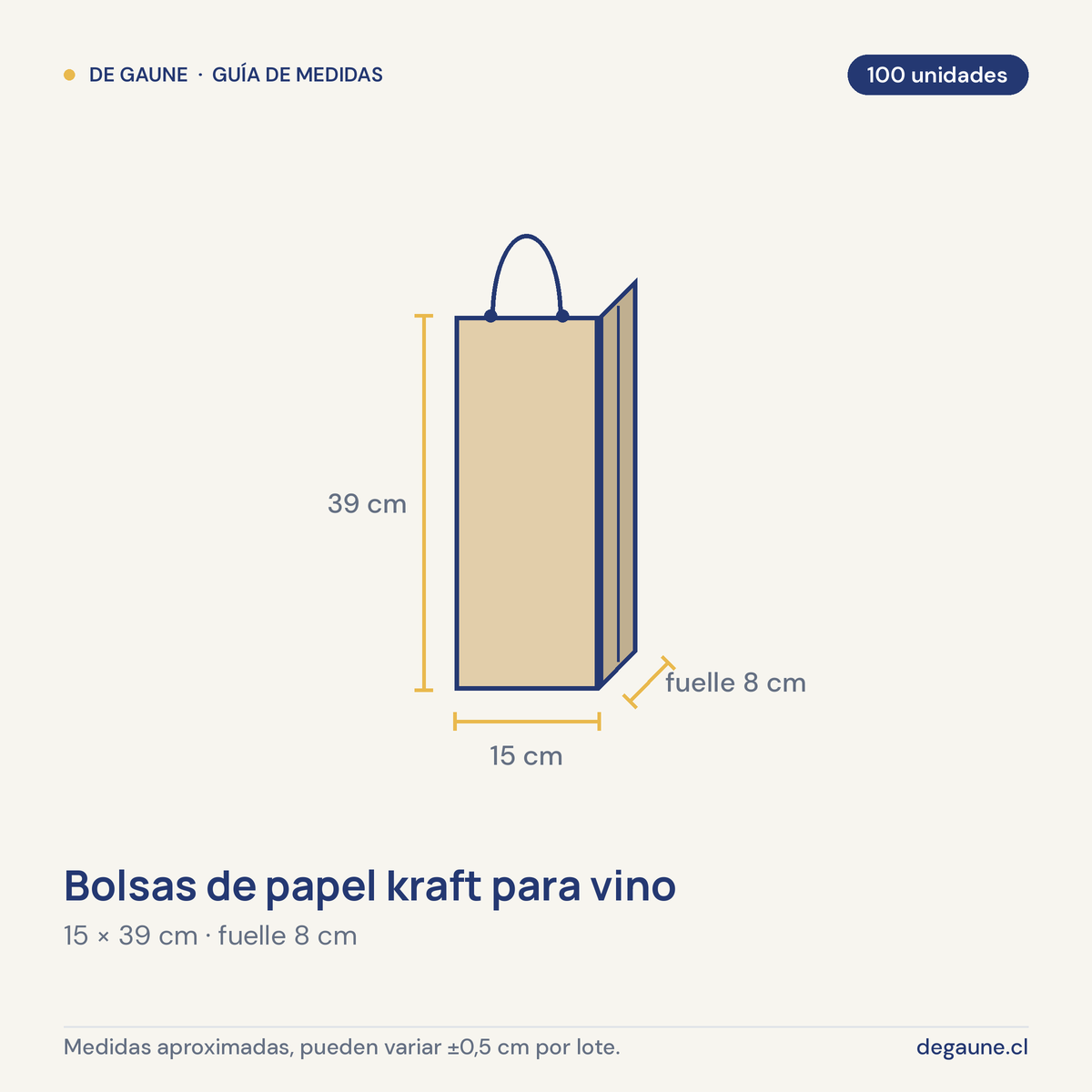 Guía de medidas: Bolsas de papel kraft para vino | 39x8x15 | 100 unidades