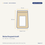 Guía de medidas: Bolsa Doypack kraft | 12x20+4 | cierre zipper | ventana completa | desde 50 uds