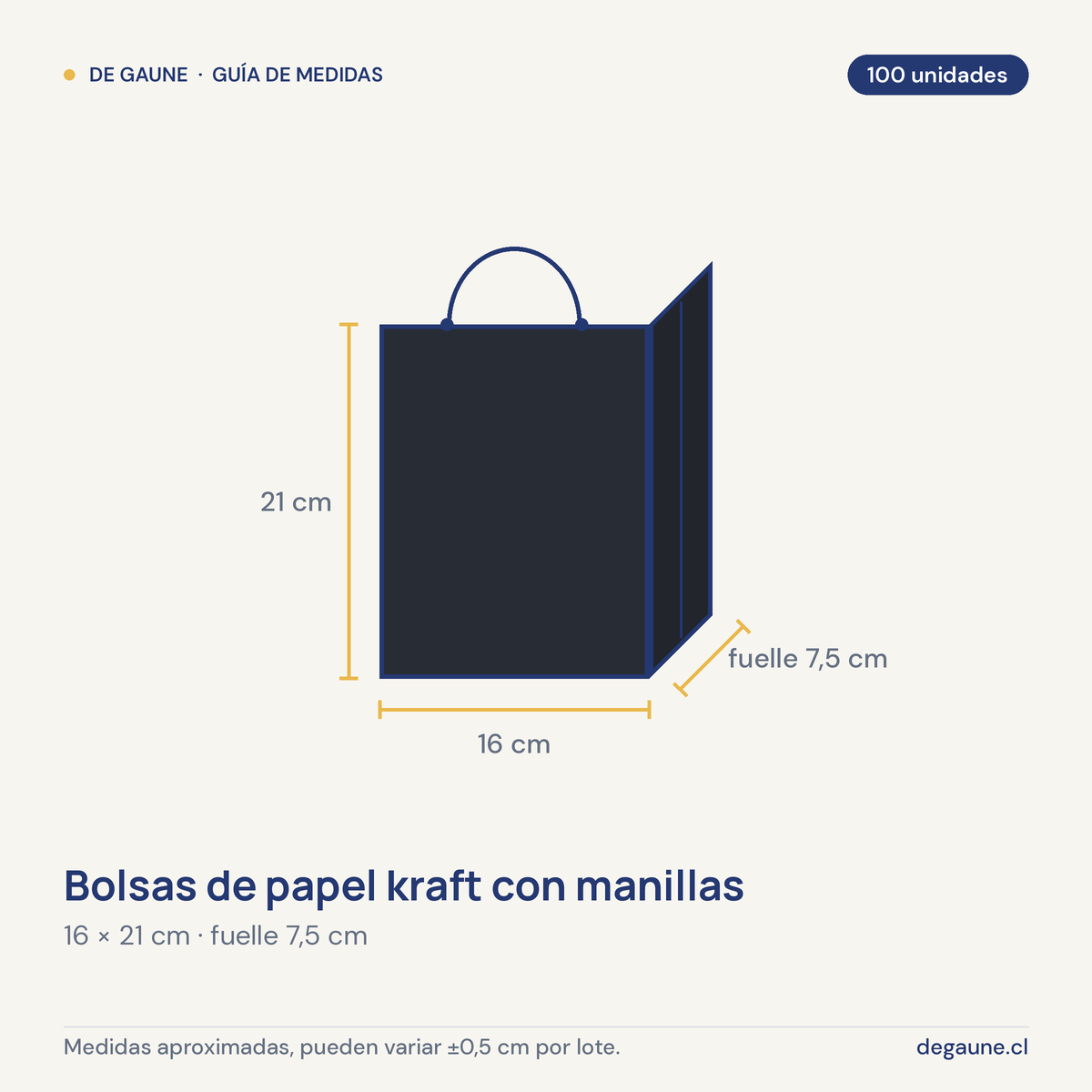 Guía de medidas: Bolsas de papel kraft con manillas | 16x21 | negro | 100 unidades
