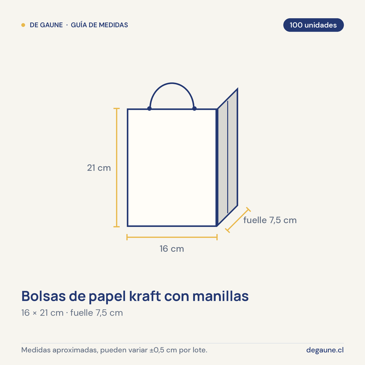 Guía de medidas: Bolsas de papel kraft con manillas | 16x21 | blanco | 100 unidades