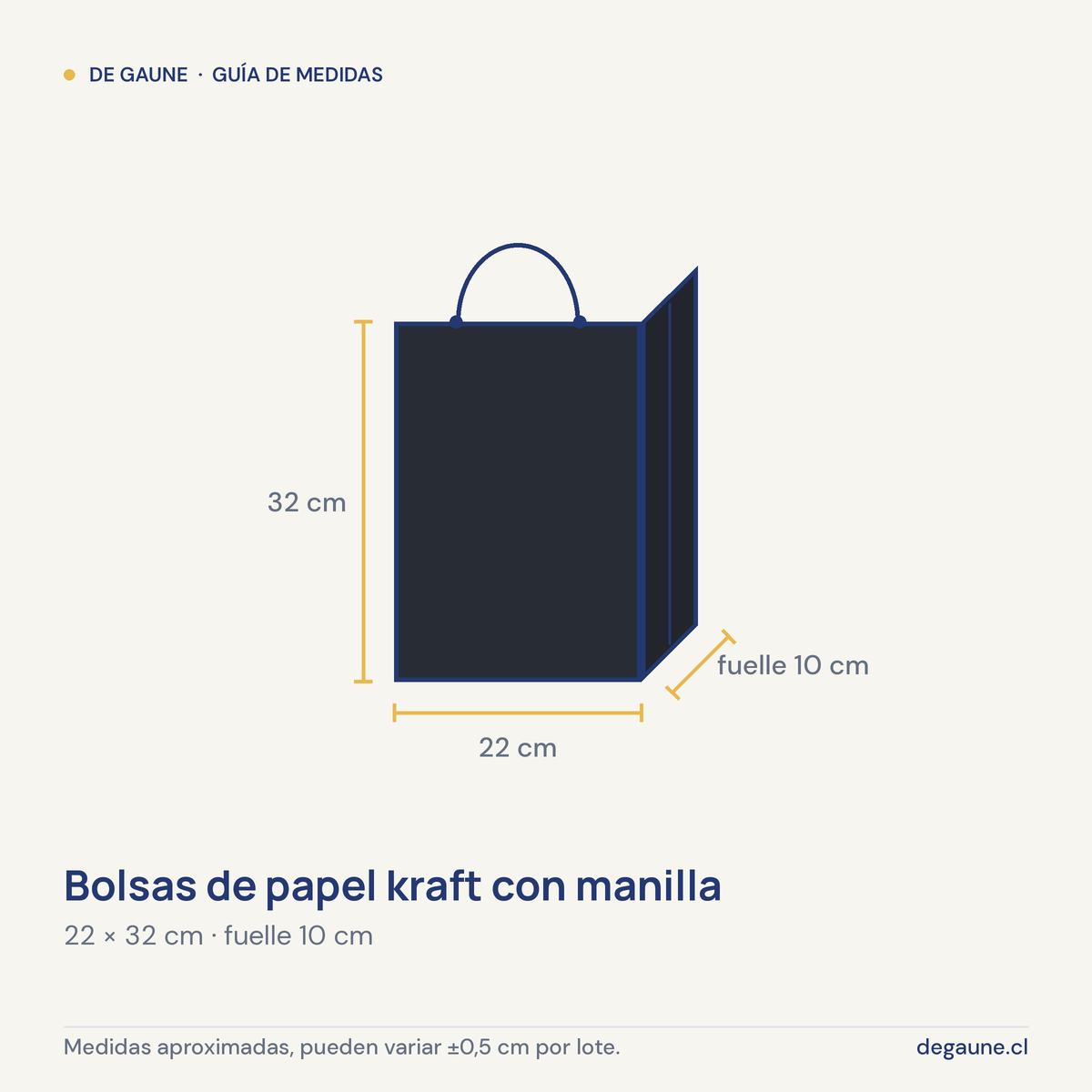 Guía de medidas: Bolsas de papel kraft con manilla | 22x32 | negro | 100 Unidades