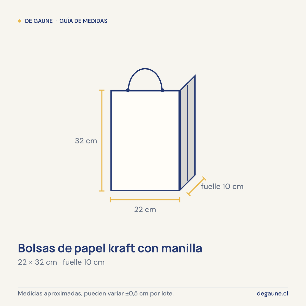 Guía de medidas: Bolsas de papel kraft con manilla | 22x32 | blanco | 100 Unidades
