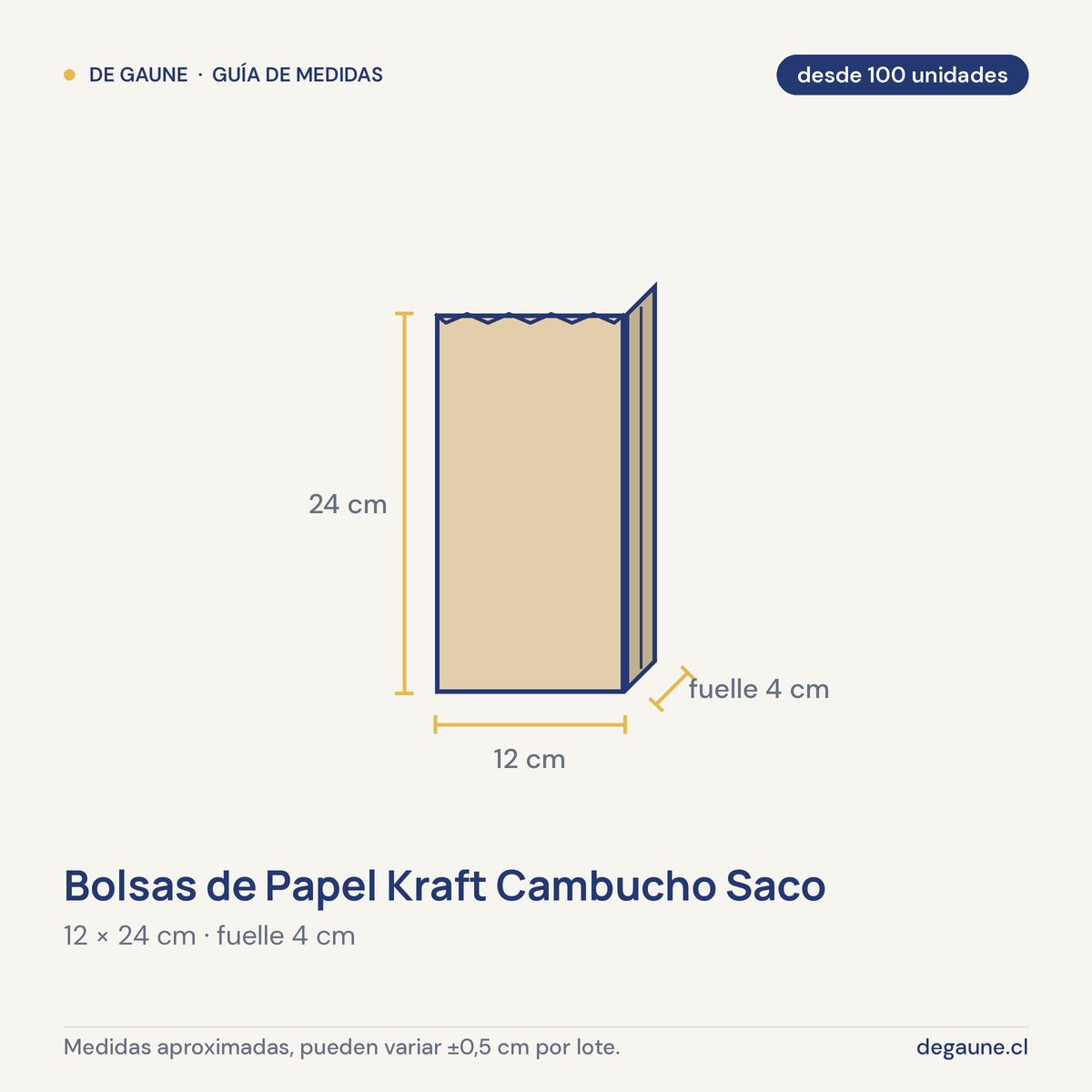 Guía de medidas: Bolsas de Papel Kraft Cambucho Saco 12x4x24 cm | Antigrasa para Alimentos