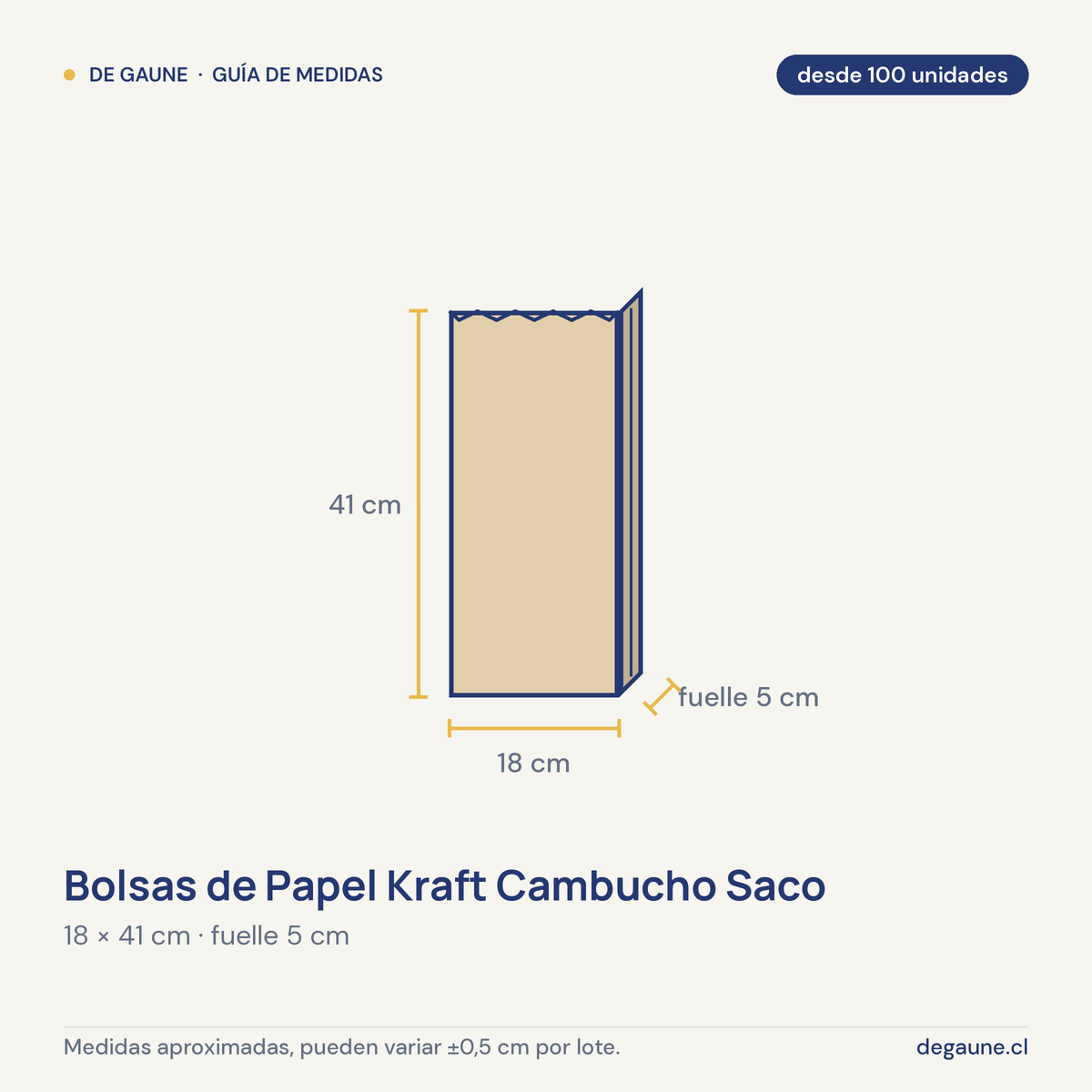 Guía de medidas: Bolsas de Papel Kraft Cambucho Saco 18x5x41 cm  | desde 100 uds| Antigrasa Alimentos