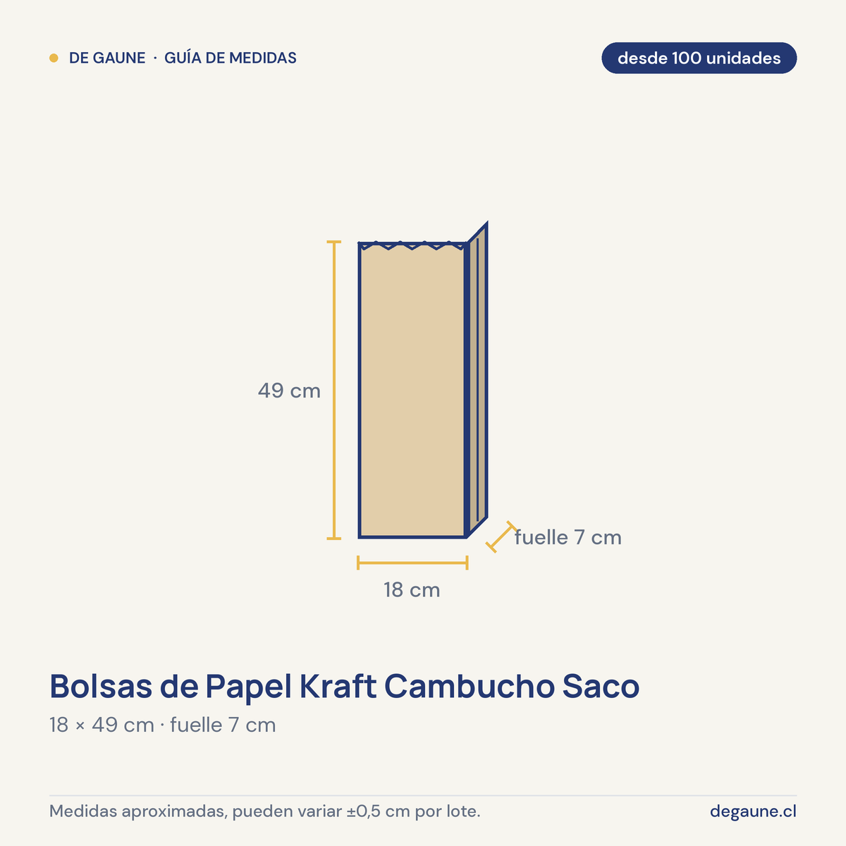 Guía de medidas: Bolsas de Papel Kraft Cambucho Saco 18x7x49 cm | Antigrasa Alimentos