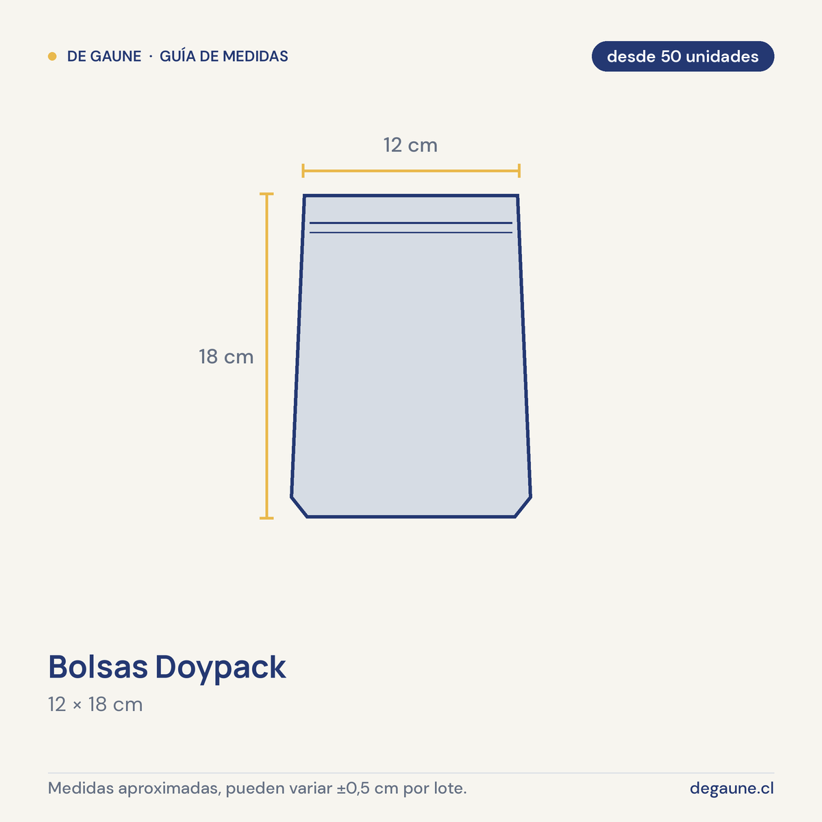 Guía de medidas: Bolsas Doypack | 12x18 | aluminio | cierre zipper | desde 50 uds