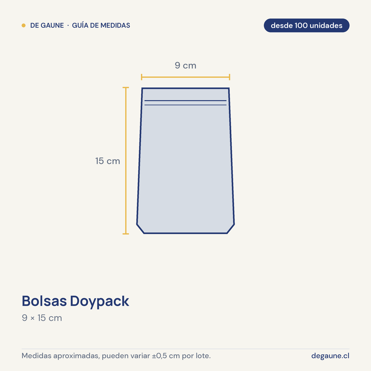 Guía de medidas: Bolsas Doypack | 9x15 | aluminio | cierre zipper