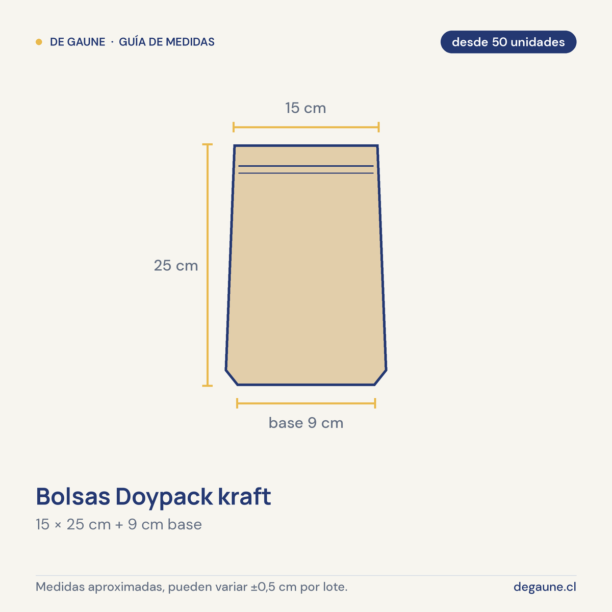 Guía de medidas: Bolsas Doypack kraft | 50 unidades