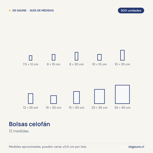 Guía de medidas: Bolsas celofán | plástico | transparente | 500 unidades