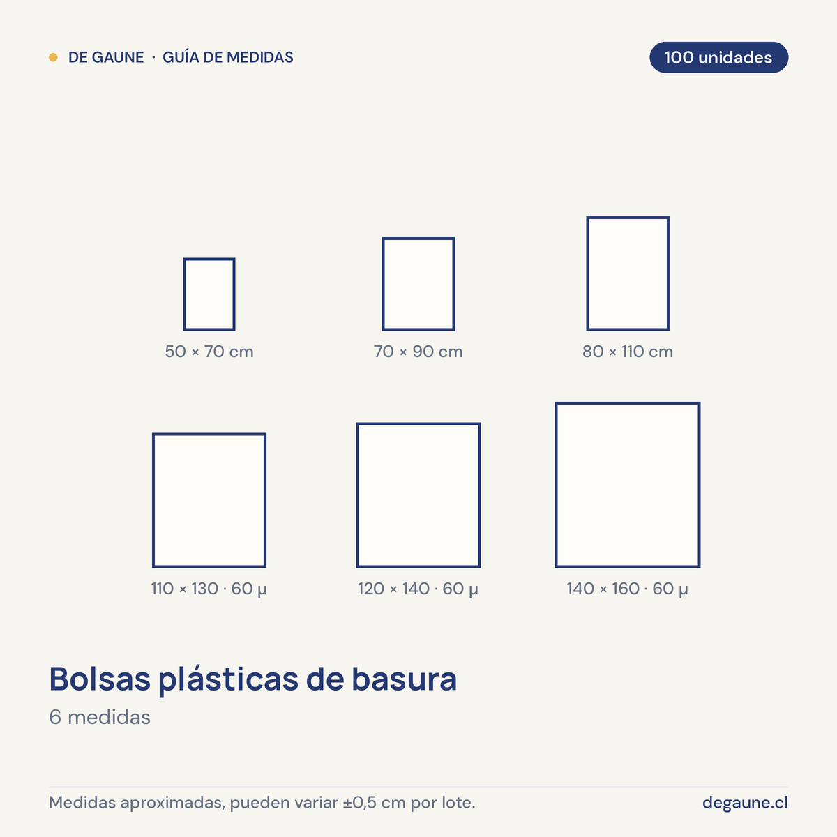 Guía de medidas: Bolsas plásticas de basura | 100 unidades