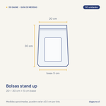 Guía de medidas: Bolsas stand up | 20x30+5 | cierre zipper | ventana | 50 unidades
