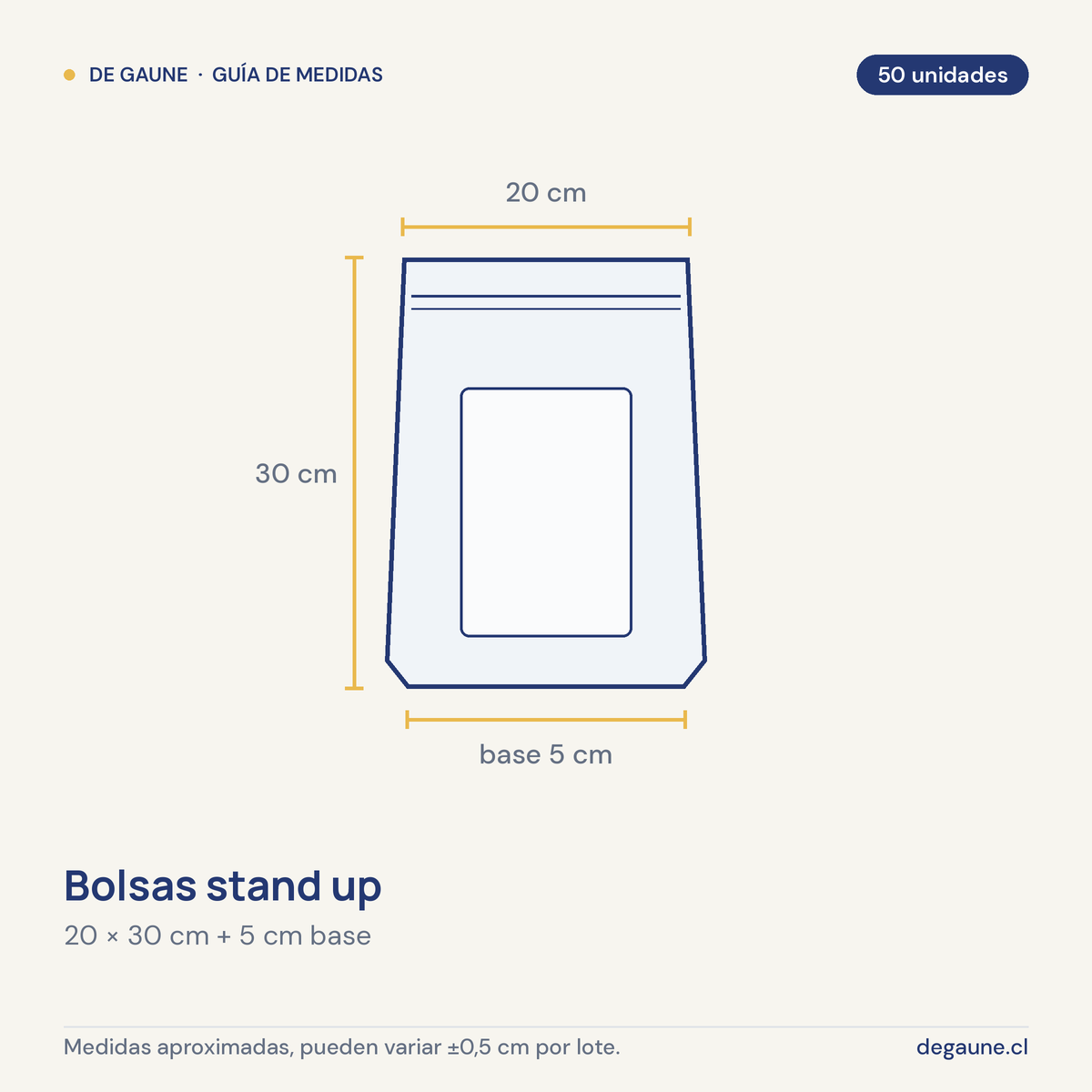 Guía de medidas: Bolsas stand up | 20x30+5 | cierre zipper | ventana | 50 unidades