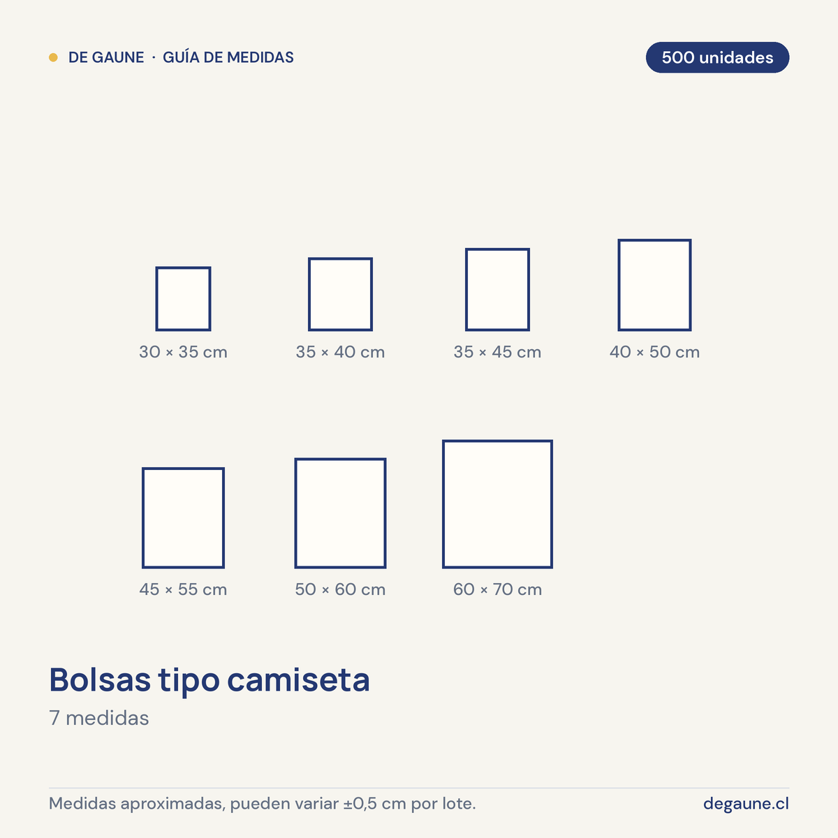 Guía de medidas: Bolsas tipo camiseta | plástico | blanco | 500 unidades