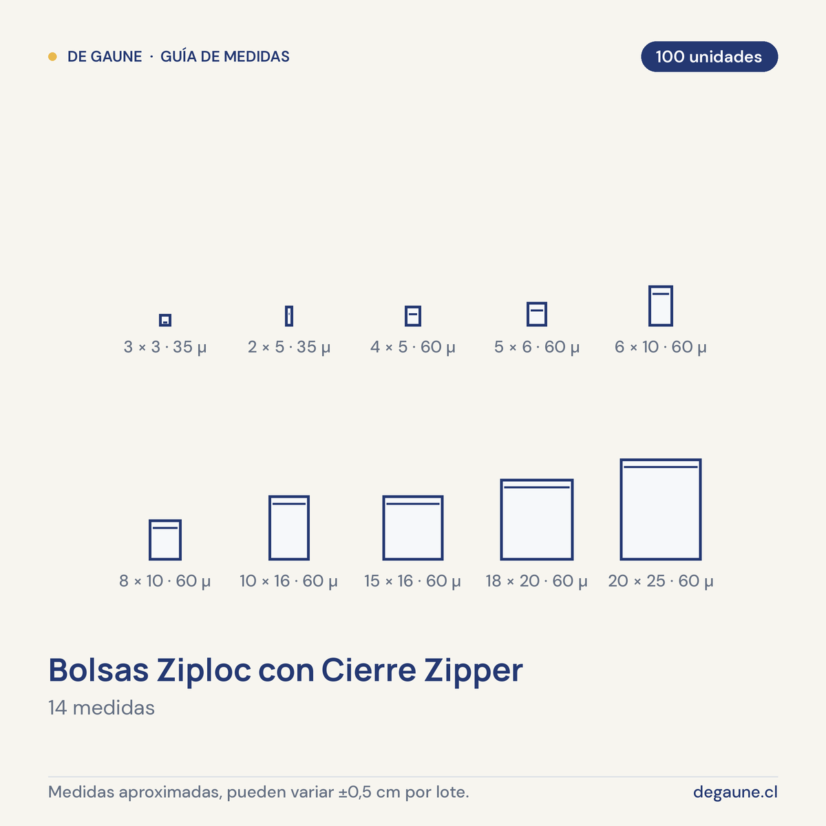 Guía de medidas: Bolsas Ziploc con Cierre Zipper · Todas las Medidas · 100 unidades