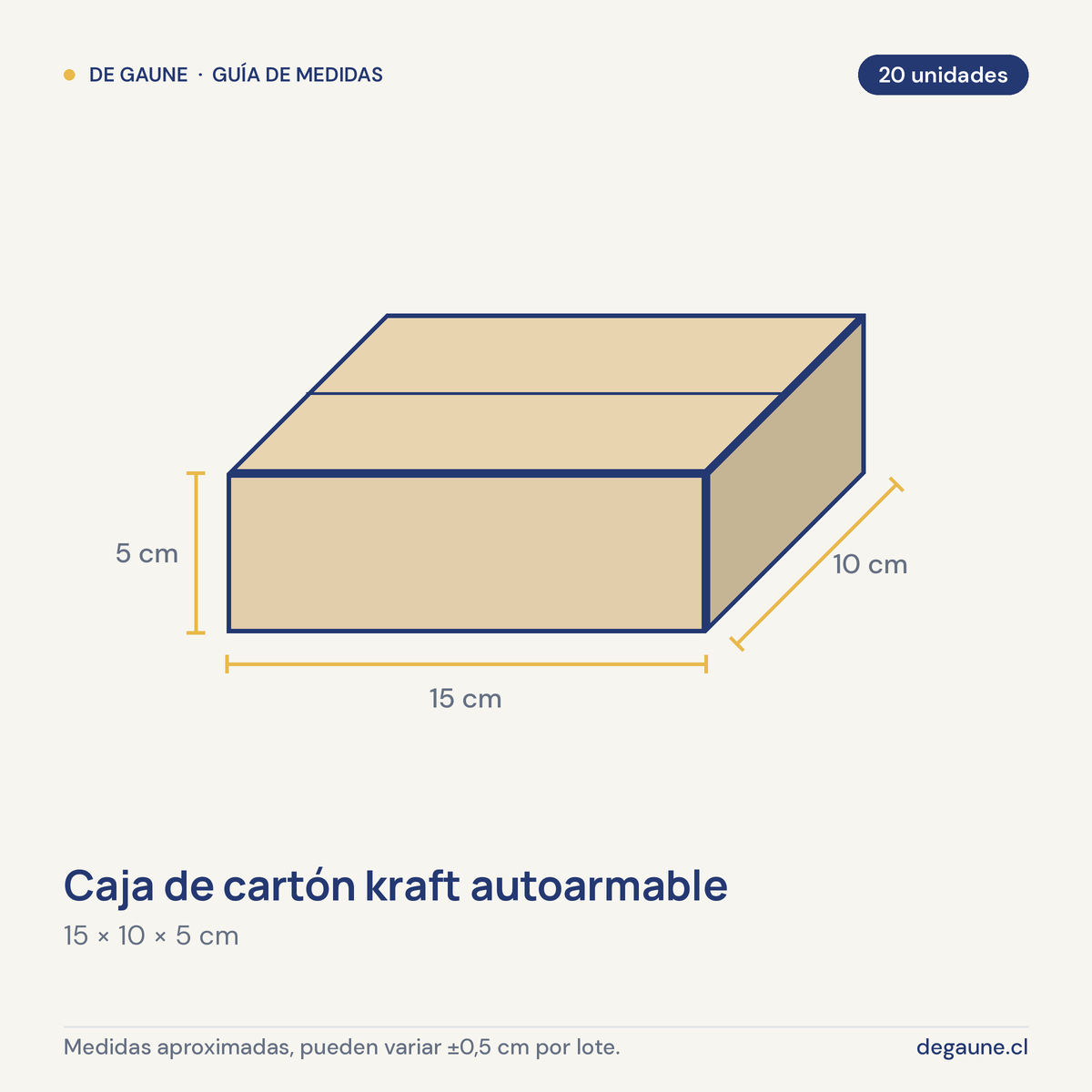Guía de medidas: Caja de cartón kraft autoarmable | 15x10x5 | multiuso | 20 unidades