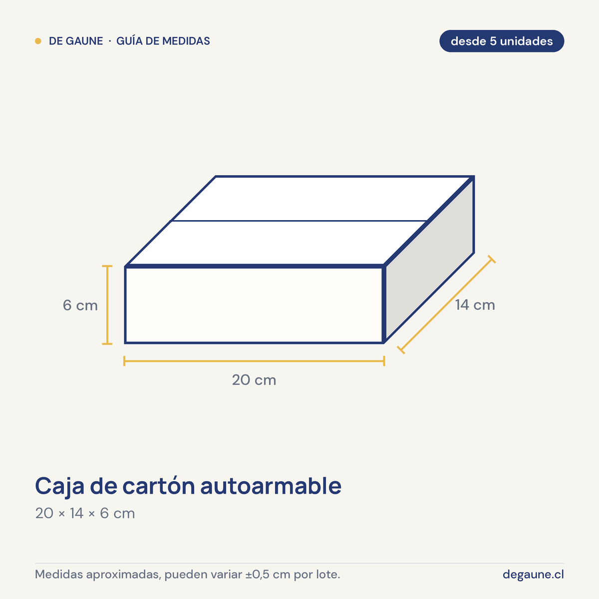 Guía de medidas: Caja de cartón autoarmable | 20x14x6 | multiuso | blanco