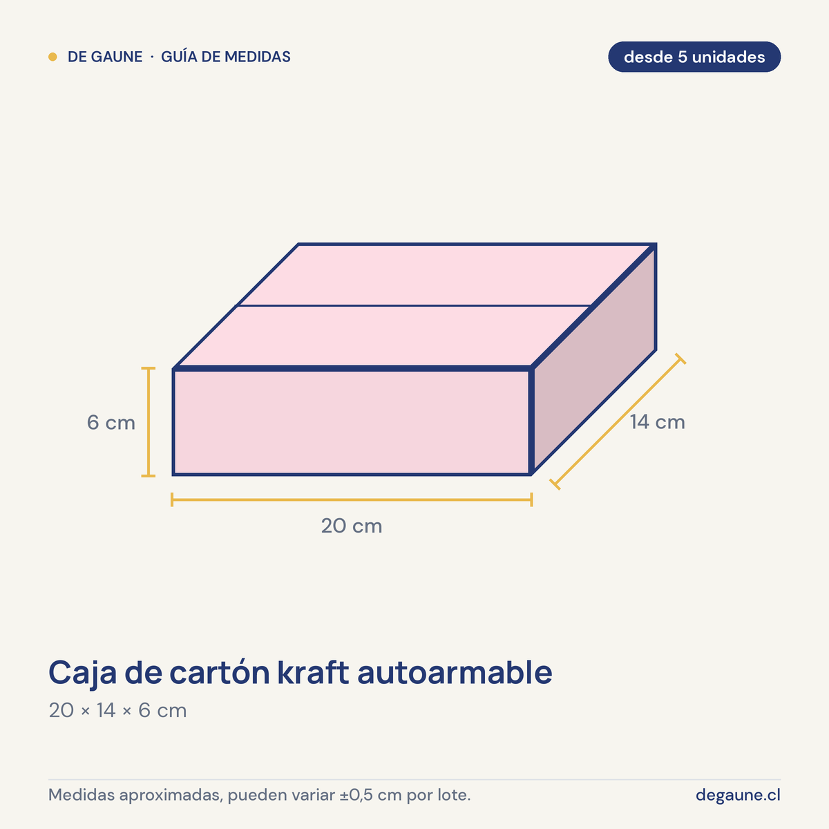 Guía de medidas: Caja de cartón kraft autoarmable | 20x14x6 | multiuso | rosa