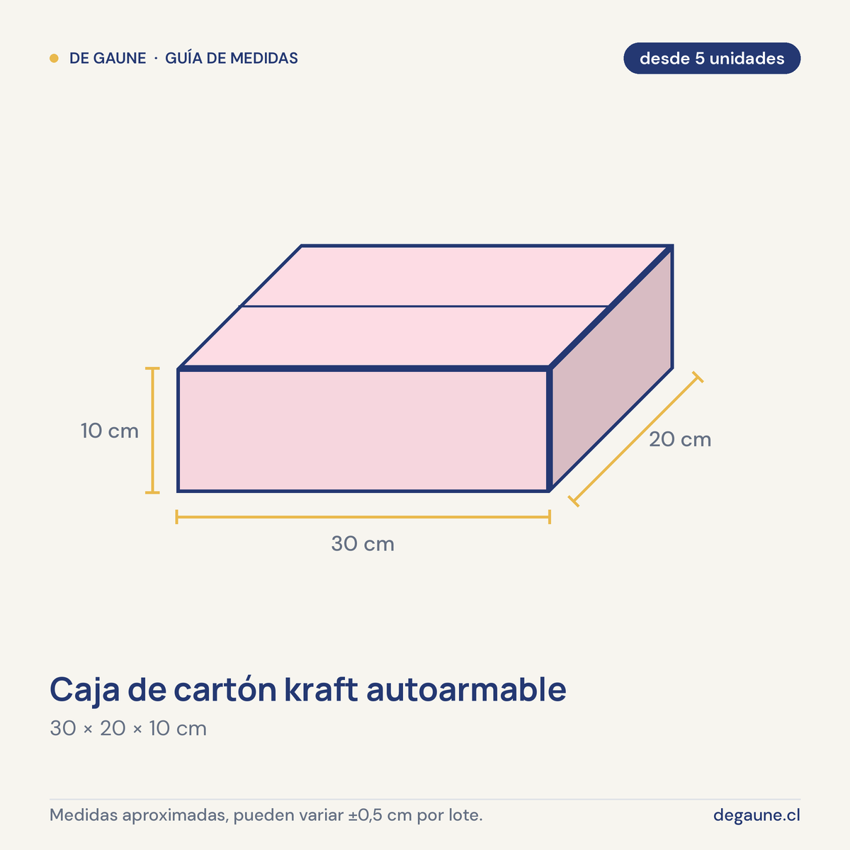 Guía de medidas: Caja de cartón kraft autoarmable | 30x20x10 | multiuso | rosa