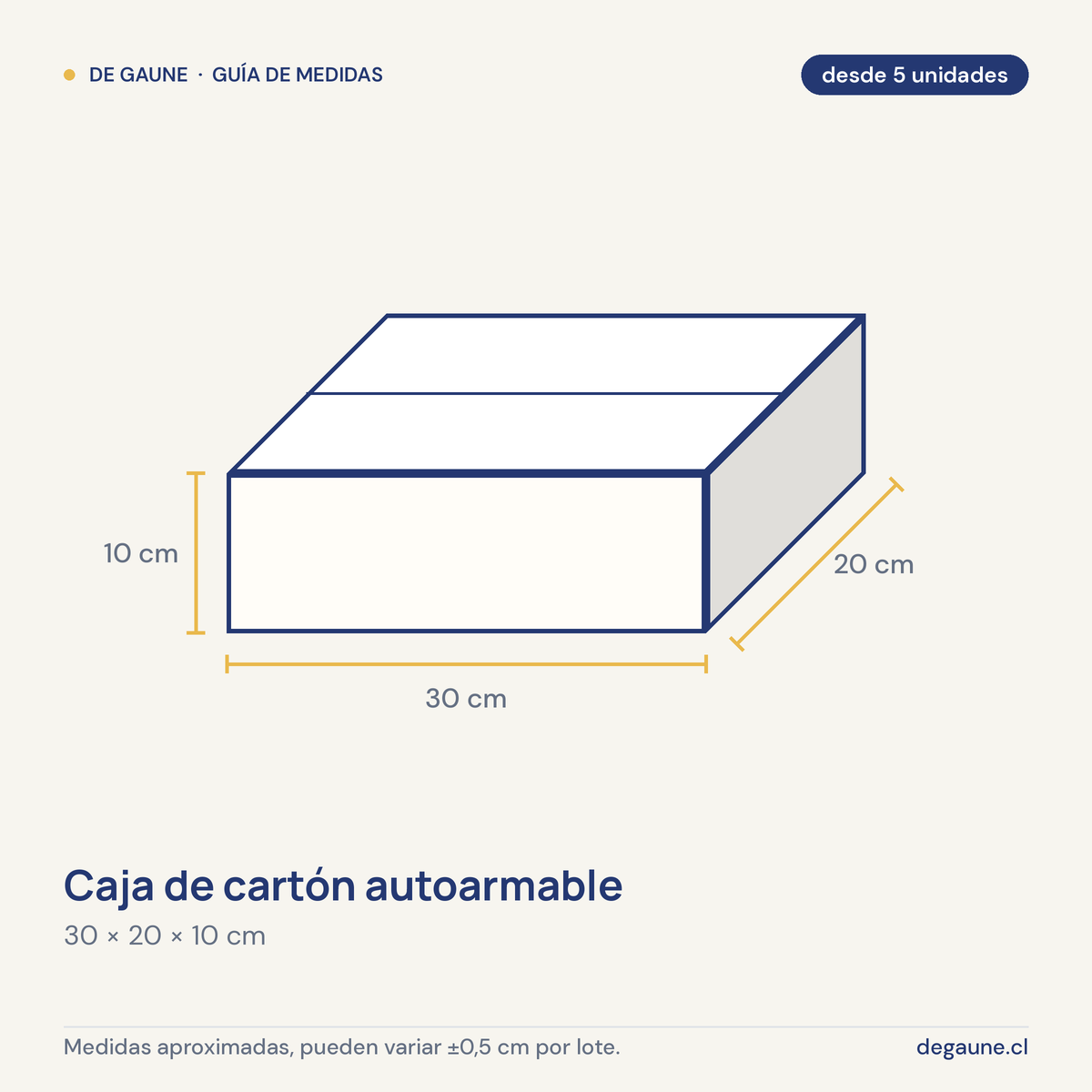 Guía de medidas: Caja de cartón autoarmable | 30x20x10 | multiuso | blanco