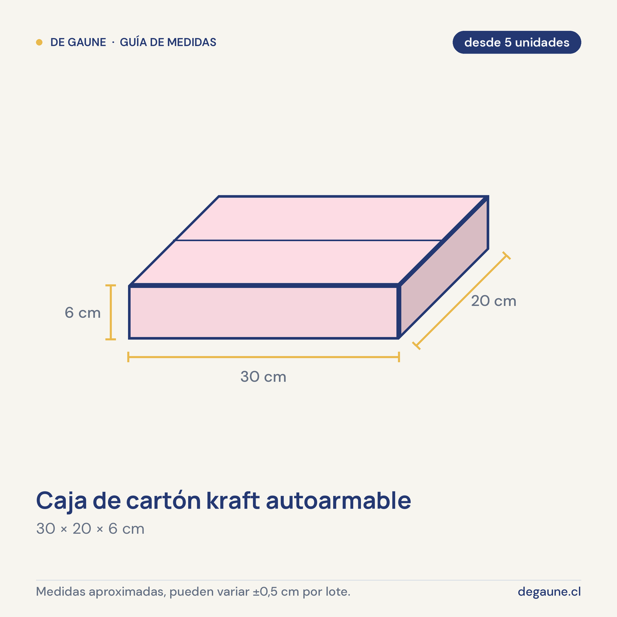Guía de medidas: Caja de cartón kraft autoarmable | 30x20x6 | multiuso | rosa