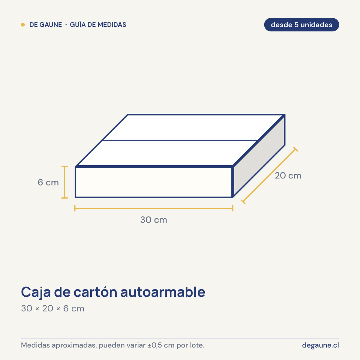 Guía de medidas: Caja de cartón autoarmable | 30x20x6 | multiuso | blanco
