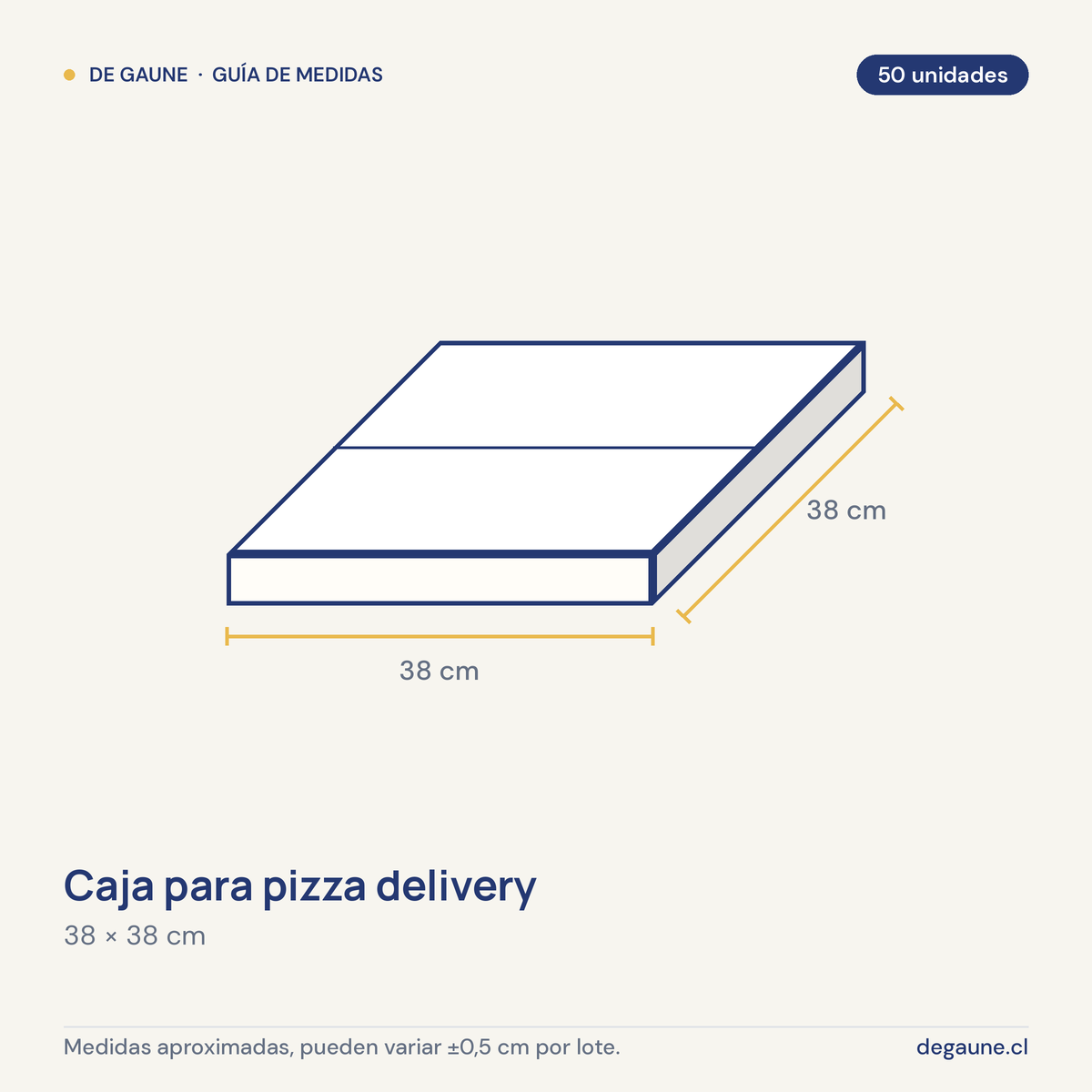 Guía de medidas: Caja para pizza delivery | 38x38 | 50 unidades