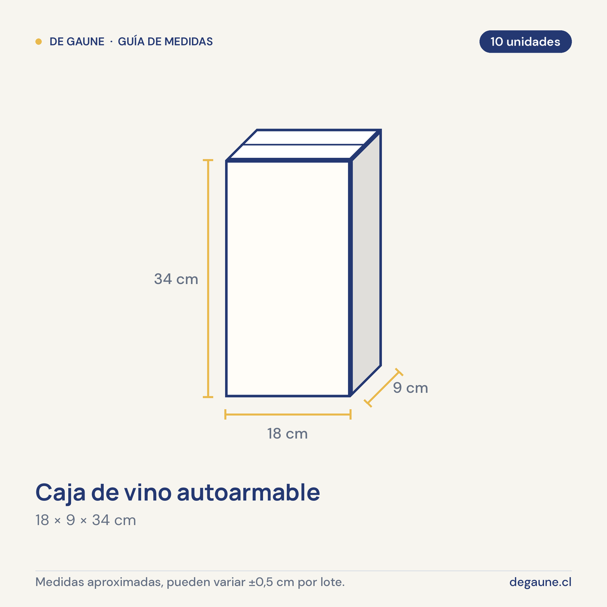 Guía de medidas: Caja de vino autoarmable | 2 botellas | cartón microcorrugado | 10 unidades