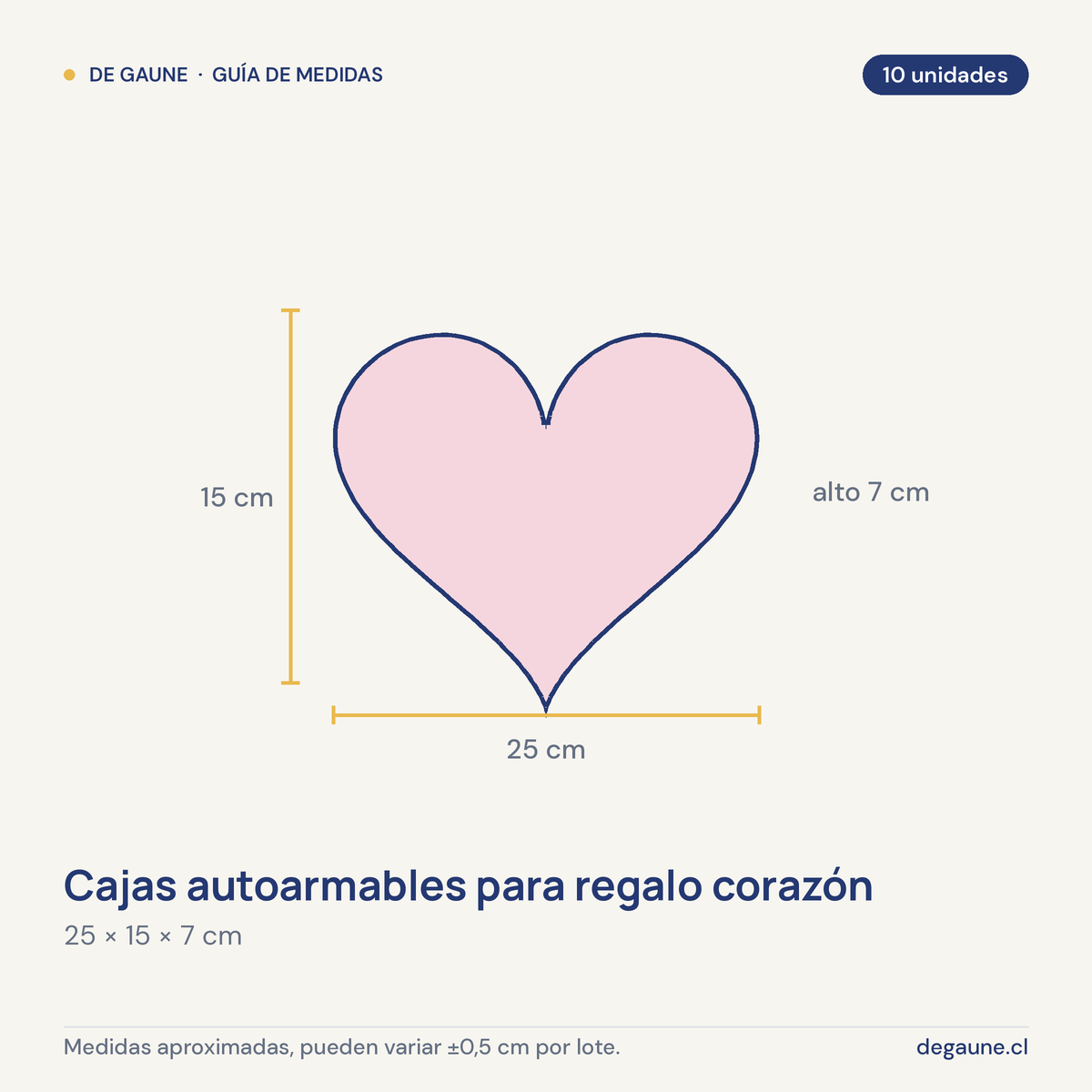Guía de medidas: Cajas autoarmables para regalo corazón | 25x15x7 | rosa claro | 10 unidades