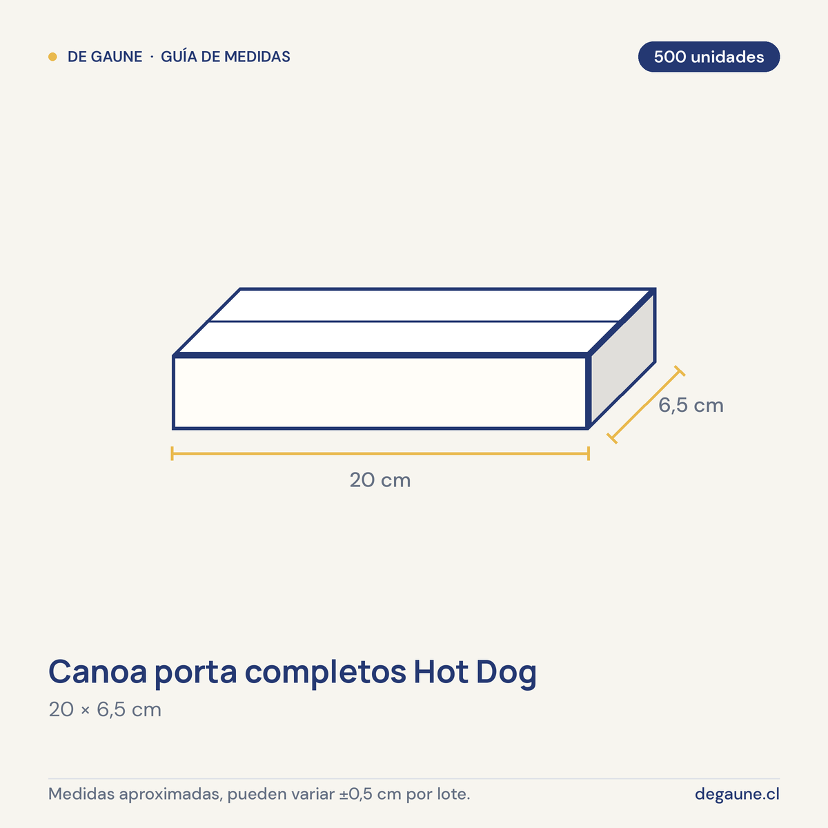Guía de medidas: Canoa porta completos Hot Dog | 20x6,5 | 500 unidades