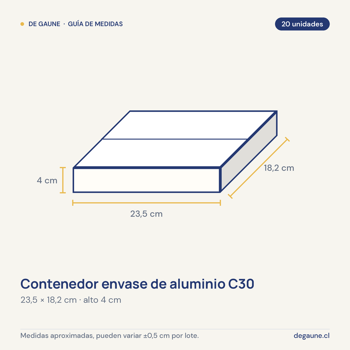 Guía de medidas: Contenedor envase de aluminio C30 | 20 unidades