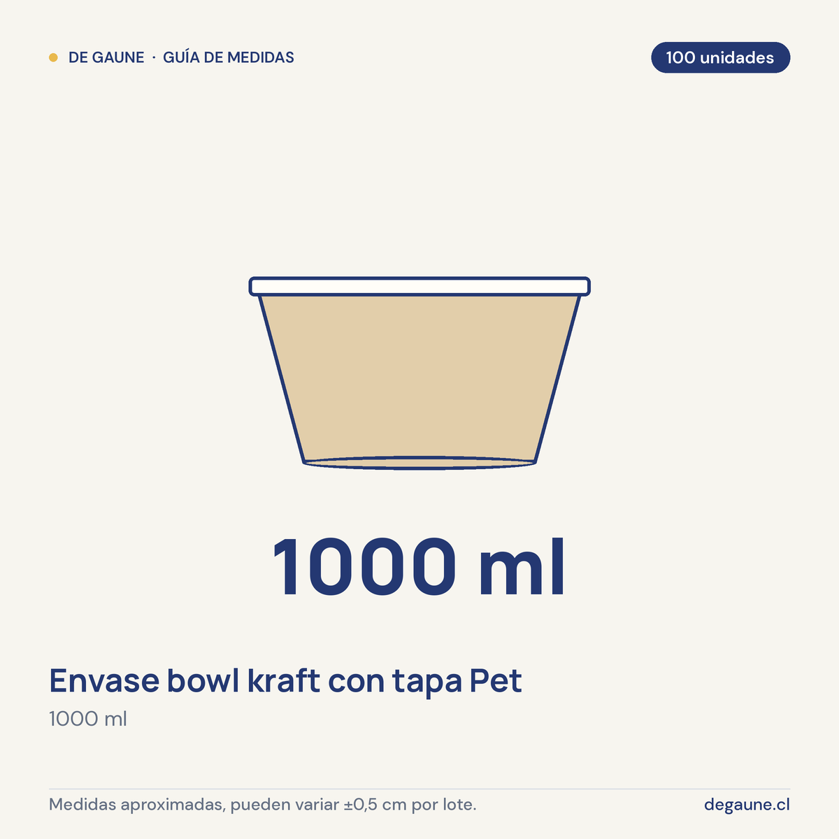 Guía de medidas: Envase bowl kraft con tapa Pet | 1000ml | 100 unidades