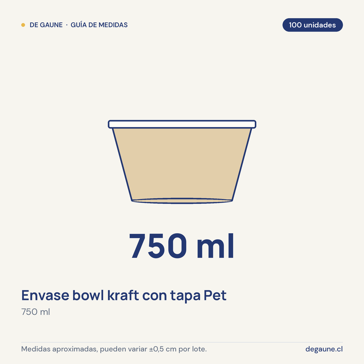 Guía de medidas: Envase bowl kraft con tapa Pet | 750ml | 100 unidades