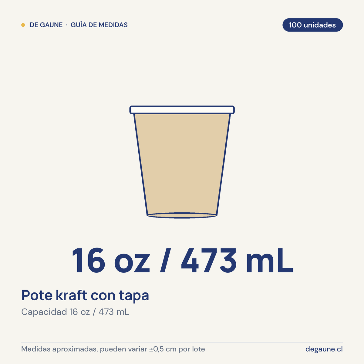 Guía de medidas: Pote kraft con tapa | 16oz | 100 unidades