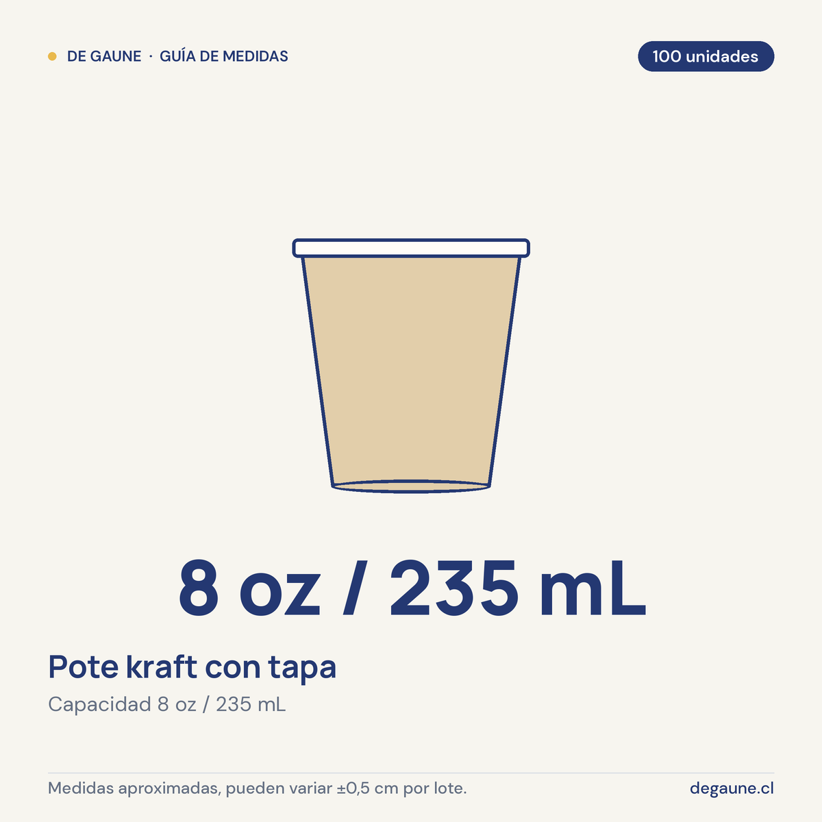 Guía de medidas: Pote kraft con tapa | 8oz | 100 unidades