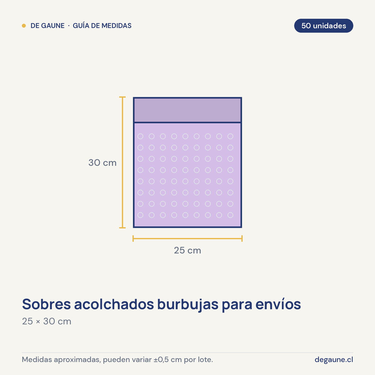 Guía de medidas: Sobres acolchados burbujas para envíos | 25x30 | lila | 50 unidades