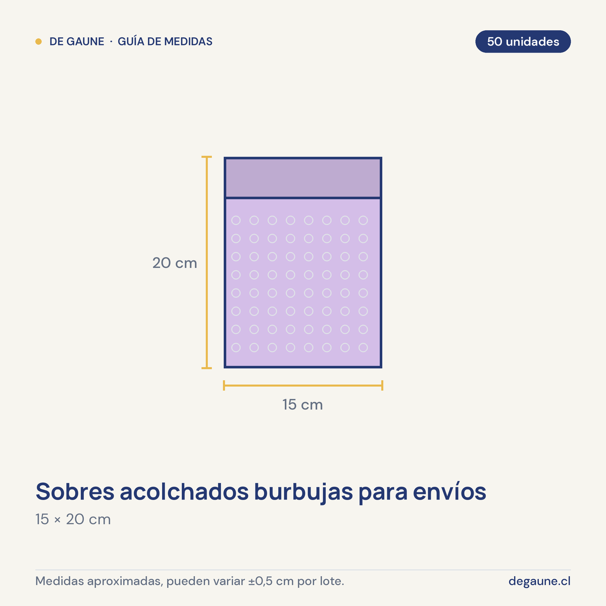 Guía de medidas: Sobres acolchados burbujas para envíos | 15x20 | lila | 50 unidades