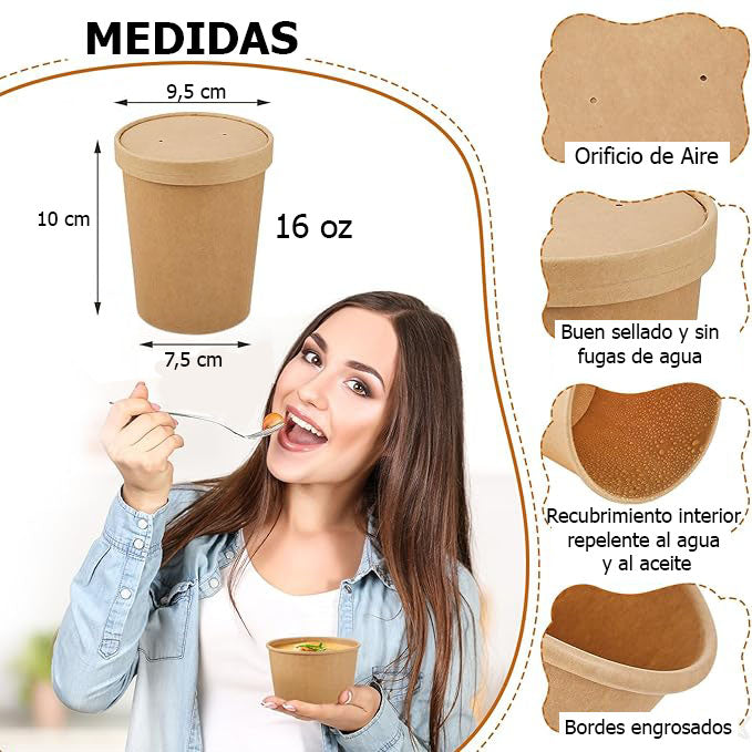 Pote kraft con tapa | 16oz | 100 unidades