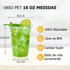 Vasos plásticos Pet con tapa | 500cc/16oz | 50 unidades
